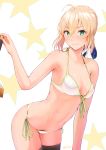  1girl ahoge artist_name artoria_pendragon_(all) bangs bikini black_legwear blonde_hair blue_ribbon braid breasts cleavage closed_mouth collarbone cowboy_shot eyebrows_visible_through_hair fate/stay_night fate_(series) front-tie_bikini front-tie_top green_eyes hair_ribbon halterneck hand_on_hilt highres leaning_forward looking_at_viewer medium_breasts nanahime navel ribbon saber short_hair side-tie_bikini simple_background skindentation smile solo star swimsuit sword thighhighs weapon white_bikini 