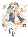  1girl absurdres ahoge animal_ears blonde_hair blue_bow blue_bowtie blue_dress blue_hairband blue_hat blue_shoes blush bow bowtie cat_ears cat_girl cat_tail commentary cup dress flower frilled_dress frilled_sleeves frills full_body hair_bow hair_intakes hairband hat highres holding holding_teapot long_hair long_sleeves open_mouth original saijo1201 saucer shoes simple_background socks solo spoon striped_bow striped_bowtie striped_clothes sugar_cube tail teacup teapot watermark white_background white_bow white_socks wide_sleeves yellow_eyes 