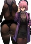 1girl ass bent_over beret black_dress black_footwear cafe_au_lait_(kafeore) commentary dress fate/grand_order fate_(series) glasses hat lace mash_kyrielight pantyhose pink_hair purple_eyes short_hair sitting spread_legs standing sweater 