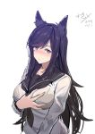  1girl animal_ears atago_(azur_lane) atago_(school_daydream)_(azur_lane) azur_lane bangs black_hair black_neckwear blush breasts brown_eyes dated extra_ears eyebrows_visible_through_hair grabbing_own_breast hair_ribbon highres large_breasts long_hair looking_at_viewer mole mole_under_eye neckerchief parted_lips ribbon sailor_collar school_uniform serafuku signature simple_background solo swept_bangs white_background white_ribbon xkc 