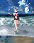  1girl absurdres ahoge balloon barefoot beach bikini black_bikini black_jacket blue_sky bow bowtie cloud cloudy_sky collarbone commentary expressionless flower_(vocaloid) full_body hand_up head_tilt highres holding_balloon jacket lens_flare looking_at_viewer multicolored_hair navel note55885 ocean outdoors purple_eyes purple_hair rainbow red_neckwear sky solo streaked_hair swimsuit v_flower_(vocaloid4) vocaloid walking waves white_hair 