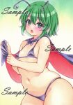  1girl antennae bikini black_bikini black_cape blush breasts cape commentary_request green_eyes green_hair looking_at_viewer miyakooo0420 navel open_mouth plump red_cape sample_watermark small_breasts solo stomach swimsuit touhou traditional_media two-sided_cape two-sided_fabric watermark wriggle_nightbug 