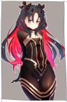  1girl black_hair bodysuit bow breasts cleavage cleavage_cutout commentary_request fate/grand_order fate_(series) frown grey_eyes hair_bow highres horns ishtar_(fate/grand_order) kei_(soundcross) light_blush long_hair multicolored_hair red_hair small_breasts solo space_ishtar_(fate) thighs two-tone_hair two_side_up 