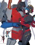  1boy 1girl absurdres airplane_wing autobot blue_eyes breasts commentary english_commentary english_text flame_toys flame_toys_windblade geisha highres holding_hands humanoid_robot mecha mechanical_wings medium_breasts metal_skin red_eyes robot robot_girl science_fiction sgrimp speech_bubble starscream teeth transformers windblade wings 