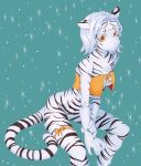  bottomless breasts clothed clothing felid female fur green_background hair leaning leaning_forward mammal nena_(pixiv23458451) pantherine short_hair simple_background sitting small_breasts stripes tiger white_body white_fur white_hair yellow_eyes 