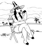  2024 antelope anthro black_and_white bovid breasts bucket chair clothing container cup eating eyewear female fingers food fur furniture gazelle hair hat headgear headwear hi_res hooved_fingers hooves horn mammal miss_thompson_(tegerio) monochrome palm_tree plant sitting slightly_chubby slightly_chubby_female solo sun_hat sunglasses tegerio tree 