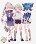  4boys abandon_ranka absurdres ahoge belt blue_eyes blue_hair clenched_hands closed_eyes eyes_visible_through_hair garters geta green_eyes green_hair grey_legwear hair_bun hair_over_one_eye heart highres hotarumaru ima-no-tsurugi japanese_clothes kneehighs long_hair male_focus mouri_toushirou multiple_boys ponytail red_eyes sandals sayo_samonji shorts smile sock_garters tengu-geta touken_ranbu very_long_hair white_hair 