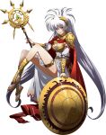  1girl armor bangs bare_legs breasts cape cleavage closed_mouth dress floating_hair full_body greece hair_between_eyes hair_ornament highres holding holding_staff langrisser langrisser_iii long_dress long_hair luna_(langrisser) medium_breasts official_art red_cape red_eyes sandals shield shiny shiny_skin shoulder_armor side_slit silver_hair smile solo staff standing thighlet toeless_legwear transparent_background twintails very_long_hair white_dress 