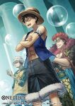  3boys abs blue_sash blue_vest bubble clenched_teeth commentary_request copyright_name crossed_arms eustass_kid facial_hair goatee goggles goggles_on_head hand_tattoo hat koushi_rokushiro male_focus monkey_d._luffy multiple_boys official_art one_piece one_piece_card_game red_hair red_lips sash scar scar_on_face short_hair shorts sideburns straw_hat tattoo teeth trafalgar_law vest 