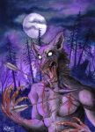  0laffson 2019 arrow blood bodily_fluids canid canine detailed_background full_moon hi_res male mammal moon night open_mouth outside signature sky solo teeth tongue traditional_media_(artwork) were werecanid werecanine werewolf 