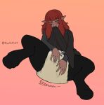 absurd_res ambiguous_gender biped biting_shirt bodily_fluids clothed clothing clothing_lift diaper floofnfluff genital_fluids hair hi_res hooves humanoid onomatopoeia peeing pointy_ears red_hair solo sound_effects text touching_diaper unclean_diaper unknown_species unusual_anatomy unusual_legs urine used_diaper using_diaper wearing_diaper wet_diaper