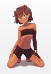  abs ajna_(indivisible) beads bike_shorts bracelet breasts brown_eyes brown_hair collarbone dark_skin feet gloves hand_on_own_thigh indivisible jewelry kneeling looking_at_viewer navel putchers ribs sandals short_hair single_glove single_sleeve small_breasts strapless tubetop 