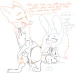  ... barefoot blush bottomwear canid canine clothed clothing dialogue disney dress english_text fluffy fluffy_tail fox fully_clothed green_eyes grin judy_hopps lagomorph leporid looking_at_another looking_back mammal necktie nick_wilde nobby_(artist) pants purple_eyes rabbit sitting sketch smile speech_bubble standing suit text zootopia 