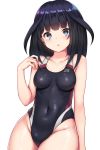  1girl agatsuma_kaede alice_gear_aegis arm_at_side armpit_crease bangs black_hair black_swimsuit blue_eyes blunt_bangs blush breasts collarbone competition_swimsuit covered_navel cowboy_shot eyebrows_visible_through_hair highleg highleg_swimsuit highres impossible_clothes impossible_swimsuit long_hair looking_at_viewer medium_breasts nene_(hong_kong) one-piece_swimsuit open_mouth simple_background sitting solo swimsuit white_background 