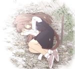  1girl :3 animal_ears brown_hair cat_ears cat_girl cat_tail chinchin_kemokemo fence fujisaki_yuu full_body ground hair_ornament leaf lying on_side outdoors school_uniform shoes skirt sleeping smile sneakers socks tail white_background white_legwear 