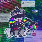  3_fingers 3_toes anthro bangs black_clothing black_shirt black_topwear closed_smile clothing collar feet female fingers generation_2_pokemon glitch hair hat headgear headwear mouth_closed multicolored_hair nintendo paintbrush_tail pokemon pokemon_(species) pop-up pop-up_ads psykwol rainbow_hair shirt sitting smeargle smile solo spiked_collar spikes toes tongue tongue_out topwear vivi_(psykwol) webcore 