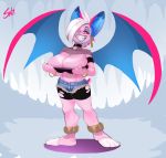  4_toes 5_fingers anthro breasts chiropteran clothed clothing female fingers fur hair hi_res mammal pink_body pink_fur shnider smile solo toes white_hair 