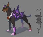  animal_collar animal_focus artist_name caesty collar commentary_request company_name dated_commentary dobermann dog english_text facial_mark fangs forehead_mark from_above full_body glowing glowing_claws glowing_eyes green_eyes green_pupils grey_background growling korean_commentary monster monster_focus nexon official_art production_art purple_claws shadow sharp_teeth sidelocks silver_collar simple_background standing tail tales_weaver teeth web_address 