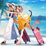  2girls :d album_cover animal_ears beach blonde_hair blue_sky brown_hair brown_hat cat_ears cat_girl cat_tail cellphone commentary_request cover dog_ears dog_girl dog_tail dress full_body hat heart heart-shaped_eyewear holding holding_phone holding_suitcase kmnz leg_up lita_(kmnz) liz_(kmnz) long_hair medium_hair multiple_girls ocean official_art outdoors palm_tree pants phone purple-tinted_eyewear purple_eyes purple_shirt rolling_suitcase sandals shirt shugao sky smartphone smile suitcase sun_hat sundress tail tinted_eyewear tree twintails unworn_eyewear virtual_youtuber white_hat white_pants yellow_dress 