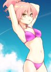  1girl armpits arms_up bikini blue_sky breasts cloud commentary_request condensation_trail cowboy_shot day highres holding holding_hair idolmaster idolmaster_cinderella_girls jougasaki_mika long_hair medium_breasts navel outdoors pink_bikini pink_hair ponytail sky solo sumi_(oyasumie) swimsuit yellow_eyes 