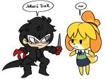  animal_crossing anthro atlus canid canine canis clothed clothing crossover dialogue domestic_dog duo english_text female human isabelle_(animal_crossing) male mammal megami_tensei megami_tensei_persona nintendo ren_amamiya shih_tzu speech_bubble text toy_dog video_games vilepluff 