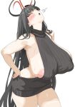  1girl absurdres backless_outfit black_hair black_sweater blue_archive breasts closed_eyes dress hair_ornament hairclip halo highres huge_breasts long_hair looking_at_viewer millennium_science_school_logo moaning naked_sweater nipples open_mouth red_eyes rio_(blue_archive) sideboob solo sweat sweater turtleneck turtleneck_sweater txlyre virgin_killer_sweater 