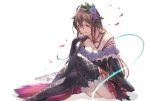  1girl bare_shoulders black_gloves black_legwear blue_eyes blush breasts brown_hair cleavage crossed_legs dress flower frills gloves granblue_fantasy hair_between_eyes hair_flower hair_ornament highres jewelry kakage large_breasts long_hair looking_at_viewer off-shoulder_dress off_shoulder open_mouth purple_eyes rose rosetta_(granblue_fantasy) sitting smile solo thighhighs very_long_hair wide_sleeves 