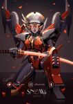  airplane_wing beam_weapon commentary commission energy_sword english_commentary geisha glowing glowing_eyes high_heels highres humanoid_robot katana mechanical_wings metal_skin petals red_eyes red_lips robot robot_girl snowii_arts sword the_transformers_(idw) transformers weapon windblade wings 