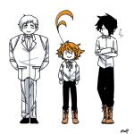  1girl 2boys ahoge arms_behind_back artist_name black_hair boots cross-laced_footwear crossed_arms emma_(yakusoku_no_neverland) full_body height_difference highres looking_at_another multiple_boys norman_(yakusoku_no_neverland) nufisu orange_hair ray_(yakusoku_no_neverland) smile waistcoat white_background white_hair yakusoku_no_neverland |_| 