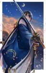  1boy abandon_ranka black_gloves blue_eyes blue_hair crescent_moon gloves hakama highres japanese_clothes katana male_focus mikazuki_munechika moon object_namesake petals sayagata smile sword tassel touken_ranbu weapon 