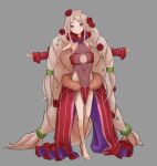  1girl absurdly_long_hair aged_down anna_sprengel armpits bare_legs barefoot big_hair black_leotard breasts cleavage closed_mouth clothing_cutout commentary_request crossed_ankles detached_sleeves dress dress_flower flat_chest flower frills full_body grey_background hair_flower hair_ornament highres leotard long_hair looking_at_viewer multicolored_leotard navel navel_cutout outstretched_arms oversized_clothes pelvic_curtain pink_eyes pink_hair purple_dress purple_eyes red_flower red_leotard red_rose rose rosenkreutz simple_background smile solo spread_arms standing tatararashi third-party_source toaru_majutsu_no_index toaru_majutsu_no_index:_new_testament very_long_hair waist_cape 