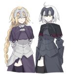  2girls ahoge armor armored_dress arms_behind_back blonde_hair blush braid braided_ponytail closed_eyes dress dual_persona fate/grand_order fate_(series) headpiece highres jeanne_d'arc_(fate) jeanne_d'arc_(ruler)_(fate) jeanne_d'arc_alter_(avenger)_(fate) jeanne_d'arc_alter_(fate) looking_at_another multiple_girls nekwnek short_hair simple_background smile translation_request white_background white_hair yellow_eyes 