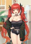  1girl absurdres azur_lane bangs bare_shoulders black_camisole black_ribbon black_shorts blurry blurry_background blush breasts cleavage day eyebrows_visible_through_hair gradient_hair green_jacket hair_ribbon hand_on_hip highres honolulu_(azur_lane) jacket large_breasts long_hair looking_at_viewer multicolored_hair off_shoulder open_mouth orange_hair outdoors red_eyes red_hair ribbon short_shorts shorts solo standing sweat twintails very_long_hair xi_xeong 