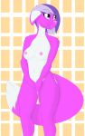  abstract_background absurd_res anthro big_tail booponies breasts canid canine canis domestic_dog fangs hair heterochromia hi_res mammal multicolored_hair nipples smile splitsy_(booponies) standing 