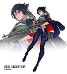  1girl absurdres anti-materiel_rifle black_shoes blue_pants coat coat_on_shoulders gun helmet highres holding holding_gun holding_weapon open_mouth original pants personification purple_eyes rifle shoes short_hair sniper_rifle two-sided_coat two-sided_fabric weapon zer0z_vi 