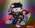  3_fingers 5:4 anthro arm_warmers armwear bangs black_clothing black_shirt black_topwear clothing collar covered_eyes female fingers generation_2_pokemon hair lgbt_pride looking_up messy_fur messy_hair multicolored_hair nintendo open_mouth paintbrush_tail pattern_arm_warmers pattern_armwear pattern_clothing pokemon pokemon_(species) pride_colors psykwol rainbow_hair shirt sitting smeargle solo sparklefur spiked_collar spikes striped_arm_warmers striped_armwear striped_clothing stripes topwear vivi_(psykwol) webcore 