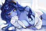  1girl black_horns black_panties black_sclera blue_hair blue_skin breasts cleavage collarbone colored_sclera colored_skin commentary english_commentary highres horns indie_virtual_youtuber kyonko_(vtuber) long_hair panties purple_nails sakichka shirt solo thigh_gap twitter_username underwear virtual_youtuber white_shirt ych_commission yellow_eyes 