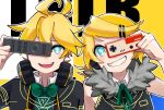  1boy 1girl ahoge anzu_(anz_le) aqua_eyes bass_clef blonde_hair blue_eyes bow bowtie commentary controller covering_one_eye fur_collar game_controller hair_ornament hairclip headphones headphones_around_neck highres kagamine_len kagamine_rin remote_control rimocon_(vocaloid) short_hair smile vocaloid 