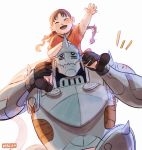  +++ 1boy 1girl :d ^_^ alphonse_elric arm_up armor artist_name backlighting black_gloves blush braid brown_footwear brown_hair carrying closed_eyes commentary english_commentary fingernails flamel_symbol floating_hair fullmetal_alchemist gloves hand_on_another&#039;s_head hand_on_another&#039;s_leg happy helmet highres hopping nina_tucker open_mouth playing red_shirt shirt short_sleeves shoulder_carry simple_background smile tongue twin_braids viktoria_ridzel white_background 