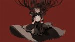  1girl akemi_homura black_dress black_hair black_hairband black_theme blood bloody_hands bloody_tears bubble_skirt clothes_lift crying crying_with_eyes_open dress empty_eyes expressionless eyebrows_visible_through_hair floating_hair frilled_skirt frills hairband hands_up highres homulilly long_hair looking_down mahou_shoujo_madoka_magica mahou_shoujo_madoka_magica_movie puffy_short_sleeves puffy_sleeves red_background red_eyes red_theme short_sleeves simple_background skirt solo standing tears upper_body very_long_hair witch_(madoka_magica) wttwj 