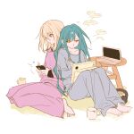  2girls absurdres bang_dream! bang_dream!_it's_mygo!!!!! barefoot blonde_hair blue_hair blue_pants blue_shirt cellphone computer cup hair_down highres holding holding_phone holding_stylus holding_tablet_pc laptop long_hair lu_bian_de_yecao_zai_changge medium_hair misumi_uika multiple_girls pajamas pants phone purple_eyes purple_pants purple_shirt shirt sidelocks sitting smartphone stylus table tablet_pc togawa_sakiko white_background yellow_eyes 