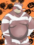  2019 anthro belly black_nose blush halloween hi_res holidays humanoid_hands jack-o&#039;-lantern male mammal menmen_kesinn moobs navel nipples overweight overweight_male pubes solo ursid 