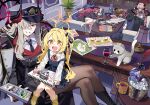  5girls bag_of_chips blue_archive carton cat chiaki_(blue_archive) chips_(food) commentary_request crayon cup demon_girl demon_horns demon_tail drinking_glass food grape_juice hat highres holding holding_crayon horns ibuki_(blue_archive) iroha_(blue_archive) juice kurihara_sakura makoto_(blue_archive) military_uniform multiple_girls pandemonium_society_(blue_archive) peaked_cap potato_chips satsuki_(blue_archive) tail teacup wine_glass 