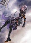  1girl absurdres armor black_gloves closed_mouth cloud cloudy_sky eyebrows_visible_through_hair falling gloves highres mechanical mechanical_arm original outdoors pauldrons red_eyes shiba42505719 short_hair silver_hair sky solo torn_clothes 