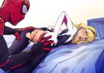  1boy 1girl :o absurdres anus black_bodysuit blonde_hair blue_eyes bodysuit breasts commentary female_pubic_hair highres hood hooded_bodysuit long_hair looking_at_another marvel momdadno pubic_hair pussy small_breasts spider-gwen spider-man spider-man_(series) spreading_another's_ass superhero_costume symbol-only_commentary torn_bodysuit torn_clothes white_background white_bodysuit 
