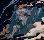  1boy armor armored_boots black_background boots chain commentary dark_souls_(series) dark_souls_ii dual_wielding dust_cloud english_commentary full_armor full_body gauntlets ghost glowing glowing_eye green_pants helm helmet highres holding holding_shield knight male_focus okajamira pants pauldrons plume red_eyes sellsword_luet shield shoulder_armor solo sparkle 