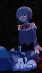  2girls aokabi_256 black_skirt blood blue_shirt commentary_request dual_persona empty_eyes gloves hair_between_eyes hair_ornament hairclip highres magical_girl mahou_shoujo_madoka_magica mahou_shoujo_madoka_magica_(anime) miki_sayaka miki_sayaka_(magical_girl) mitakihara_school_uniform multiple_girls neck_ribbon pleated_skirt puffy_sleeves rain red_ribbon ribbon school_uniform shirt short_hair skirt straddling strapless strapless_shirt white_gloves yellow_shirt 