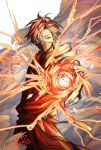  1boy black_mask cale_henituse casting_spell commentary dated electricity energy energy_ball fire highres hood hood_down looking_at_viewer looking_to_the_side lout_of_count's_family magic male_focus mask mouth_mask ninja ninja_mask osewa6363 red_hair robe sash short_hair signature smoke solo symbol-only_commentary 
