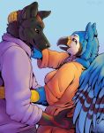  2019 5_fingers anthro avian beak bird black_beak black_body black_fur blue_body blue_feathers blue_fur breasts canid canine canis clothed clothing digital_media_(artwork) domestic_dog feathered_wings feathers fingers fur hi_res mammal marjani non-mammal_breasts wings 