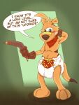 absurd_res ageplay anthro big_feet blush blush_lines boomerang brown_clothing brown_gloves brown_handwear clothed clothing dasyuromorph dialogue diaper f3lixc4tus feet fur gloves green_background green_eyes hand_behind_head handwear hi_res holding_object holding_weapon kerchief male mammal marsupial orange_body orange_fur recently_extinct_species red_kerchief roleplay simple_background solo speech_bubble thylacine topless ty_the_tasmanian_tiger ty_the_tasmanian_tiger_(series) weapon wearing_diaper white_diaper